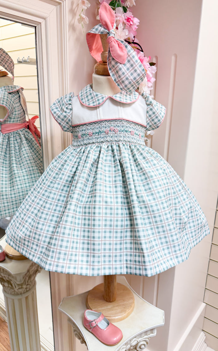 Pretty Originals Country Check Smocked Dress Green & peach