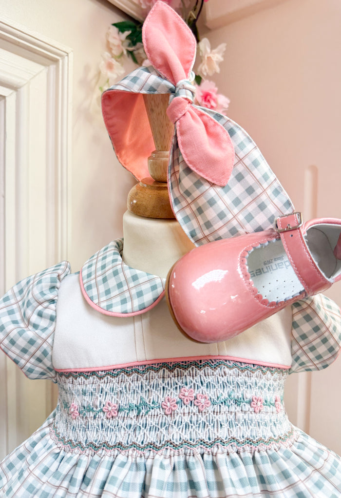 Pretty Originals Country Check Smocked Dress Green & peach