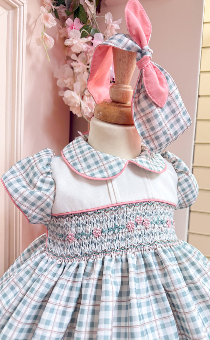 Pretty Originals Country Check Smocked Dress Green & peach
