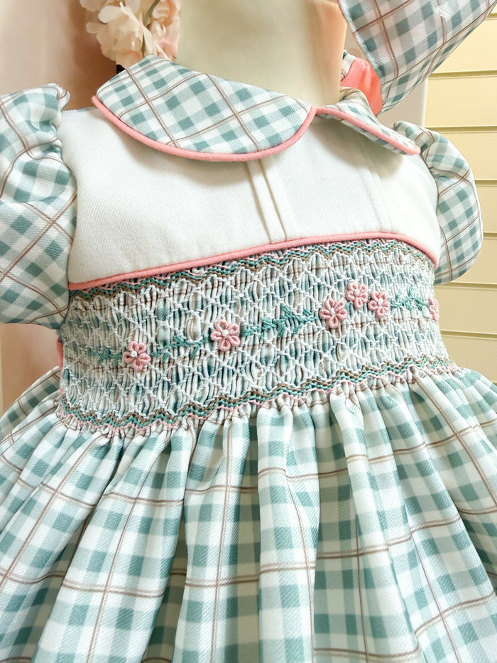 Pretty Originals Country Check Smocked Dress Green & peach