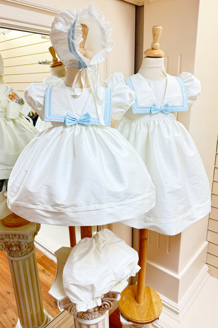 Pretty Originals Royal sailor style Ivory /Blue Baby Dress & Bonnet set