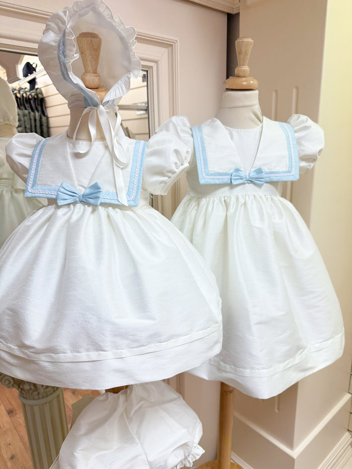 Pretty Originals Royal sailor style Ivory /Blue Baby Dress & Bonnet set