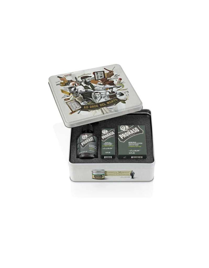 Proraso beard care tin set with balm, wash, and oil in decorative box