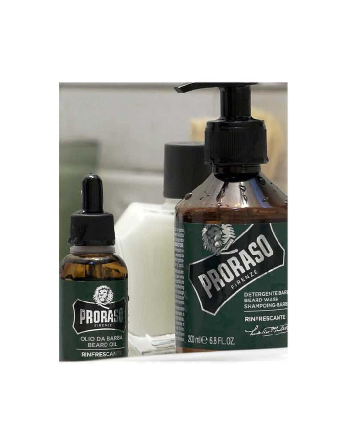 Proraso Beard Oil and Beard Wash bottles on bathroom counter