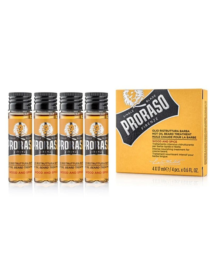 Set of four small glass bottles of Proraso Hot Oil Beard Treatment Wood & Spice with black caps and orange labels, packaged in a yellow box, for long beard care