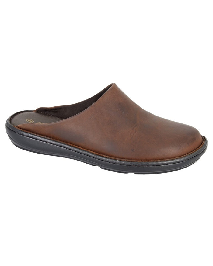 Brown coloured Roamers Mens Brown Leather Stitchdown Clogs on white background #colour_brown