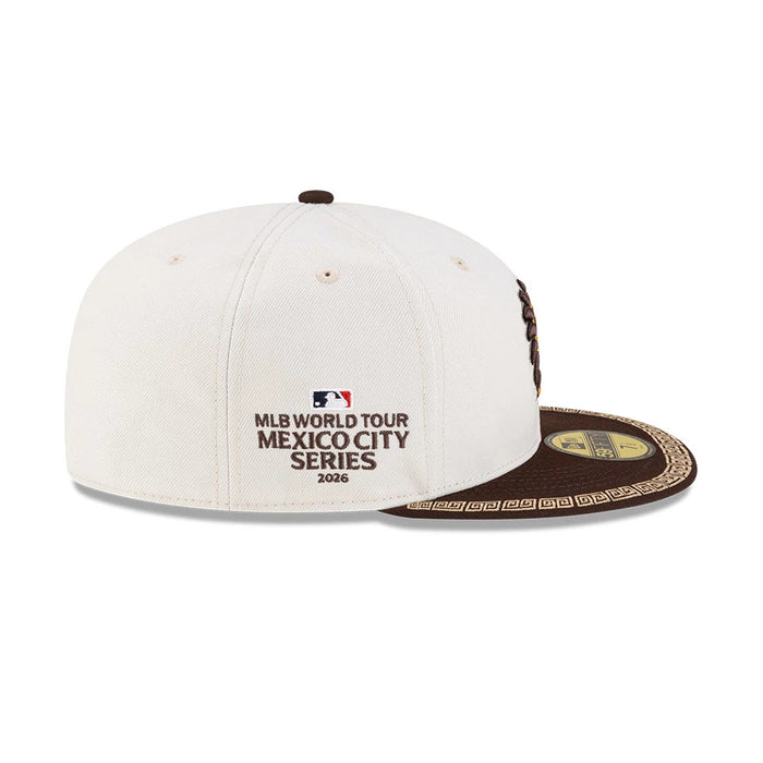 Pictured is this MLB Mexico City Series 2026 San Diego Padres 59FIFTY Fitted cap in light beige. 6