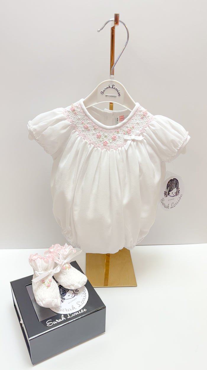 Sarah Louise Smocked Romper White & Pink