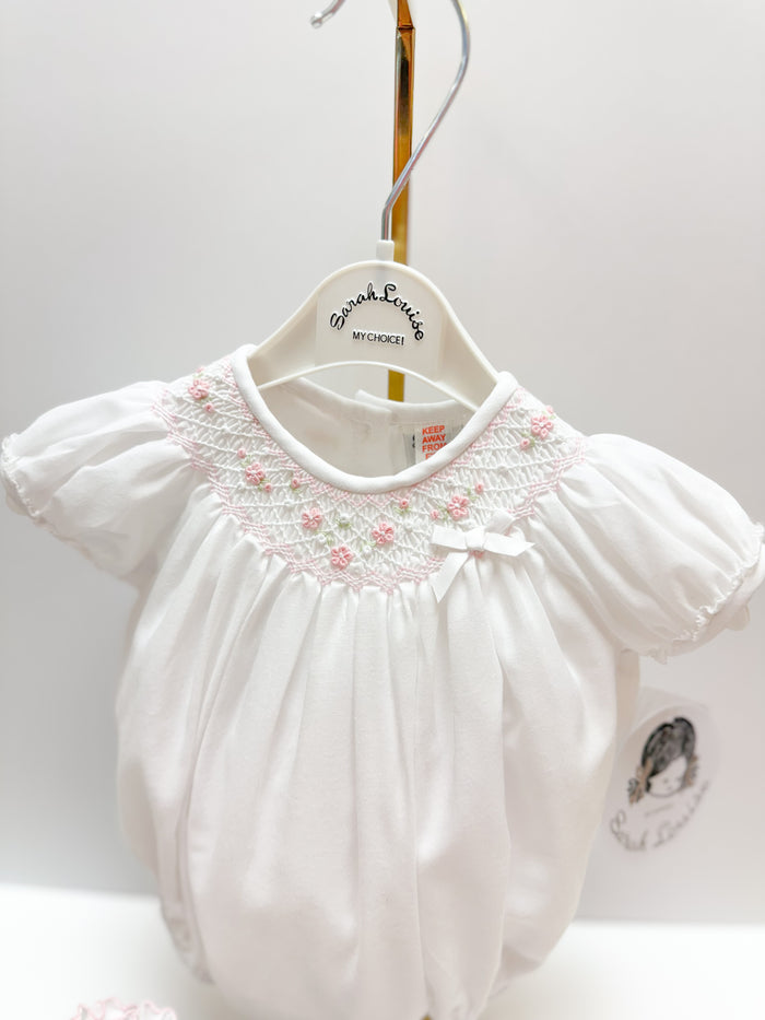 Sarah Louise Smocked Romper White & Pink