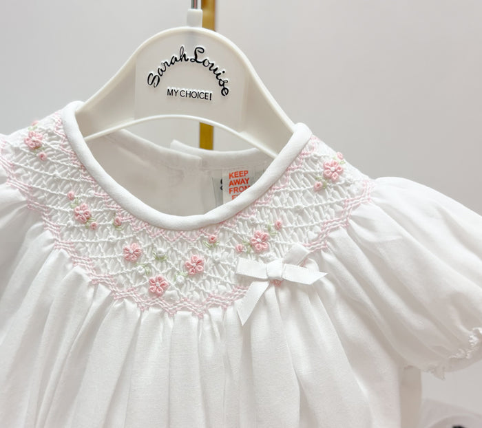 Sarah Louise Smocked Romper White & Pink