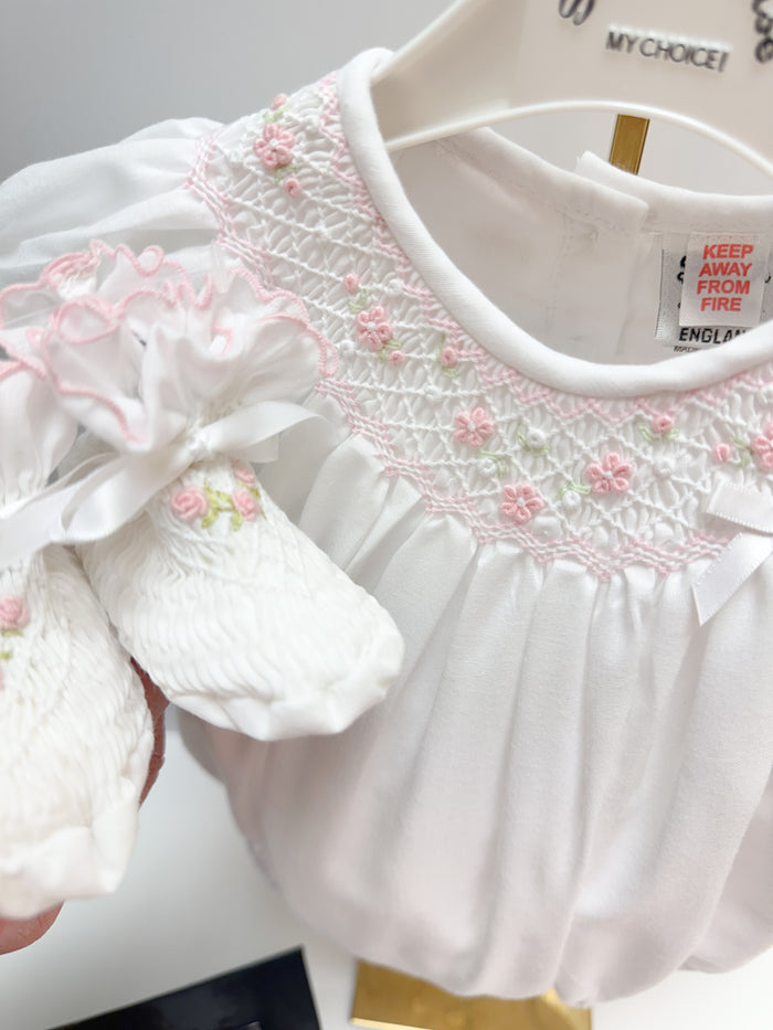 Sarah Louise Smocked Romper White & Pink