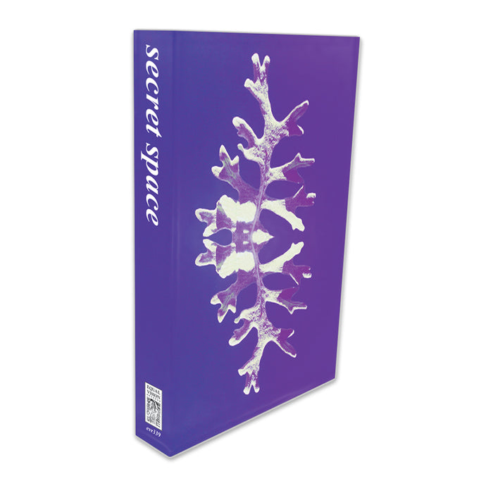 Secret Space is a purple book with white lowercase spine text, a mirrored abstract white organic shape on the cover, and a small QR code with numbers at the bottom—suggesting the enigmatic appeal of a vintage cassette.