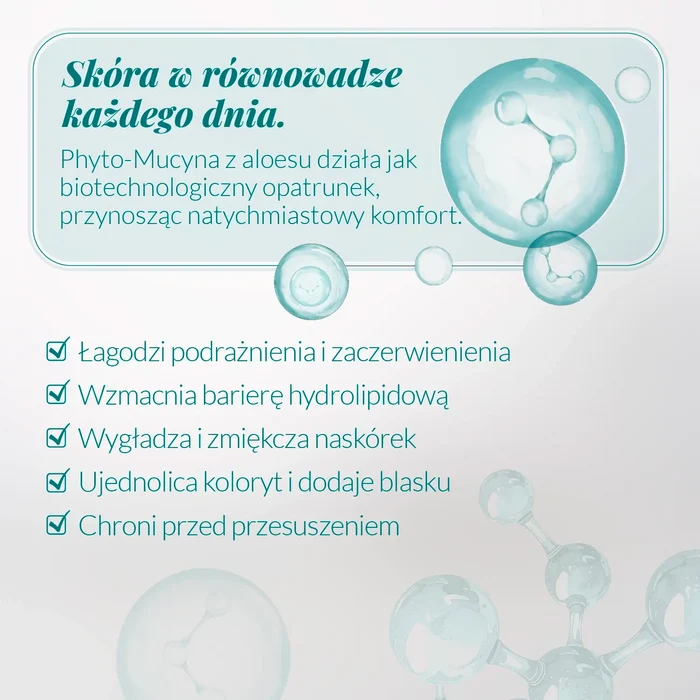 Grafika prezentująca działanie serum Mucyna z Aloesu Orientana – łagodzenie zaczerwienień, wsparcie bariery hydrolipidowej i ochrona skóry przed przesuszeniem.
