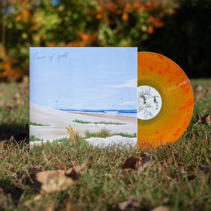 Orange and yellow vinyl. Vinyl jacket has picture of beach painting with sand, water, grass, and blue sky. Top left corner has "BARS OF GOLD" printed in small, cursive font and "SHELTER" printed in small, cursive font.