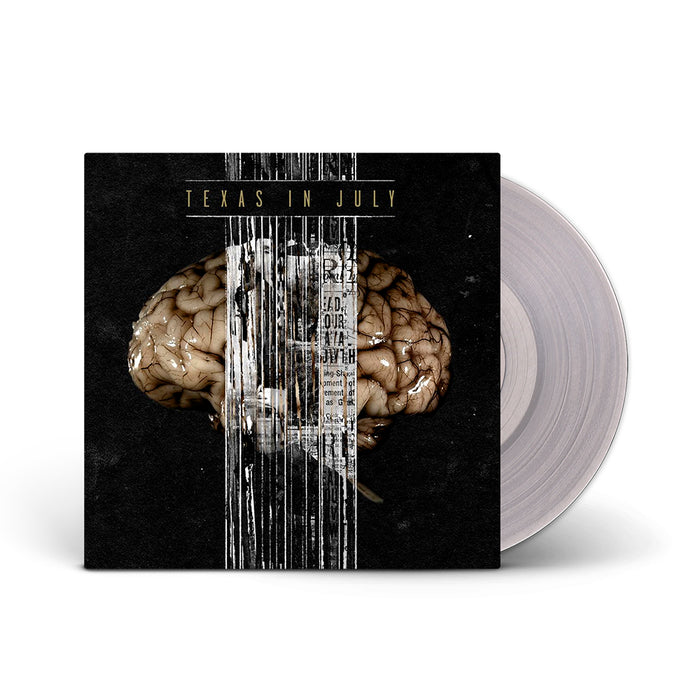 Texas In Julys Clear Limited LP includes a light translucent gray vinyl and a cover with a split human brain, vertical glitch-style white lines, abstract text, and a black background.