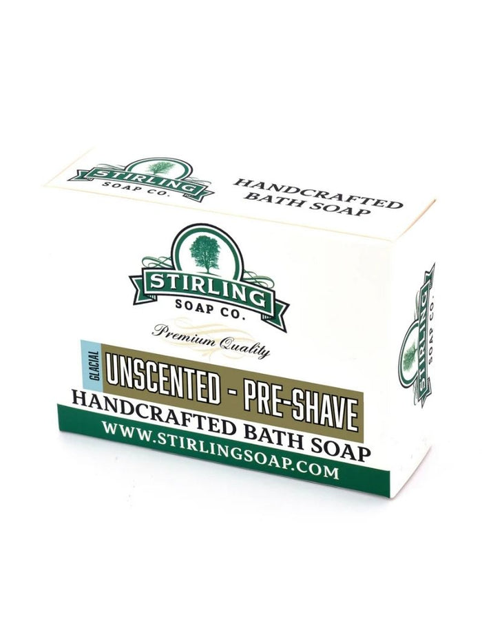 Stirling Soap Co. Unscented Pre-Shave Handcrafted Bath Soap box packaging, featuring a white box with green and gold branding and text.