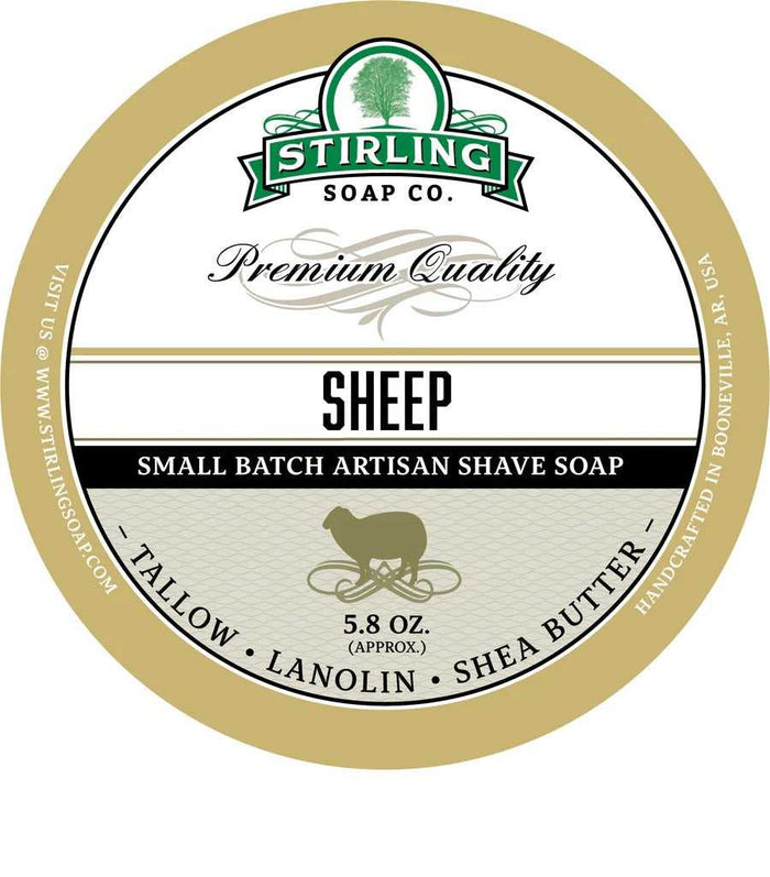 Stirling Sheep Unscented Shaving Soap label with logo and product details