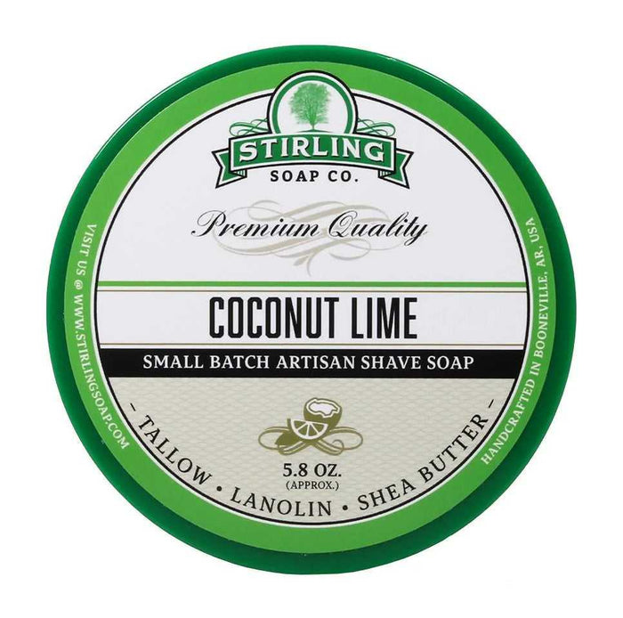 Stirling Coconut Lime shaving soap label with green border and logo