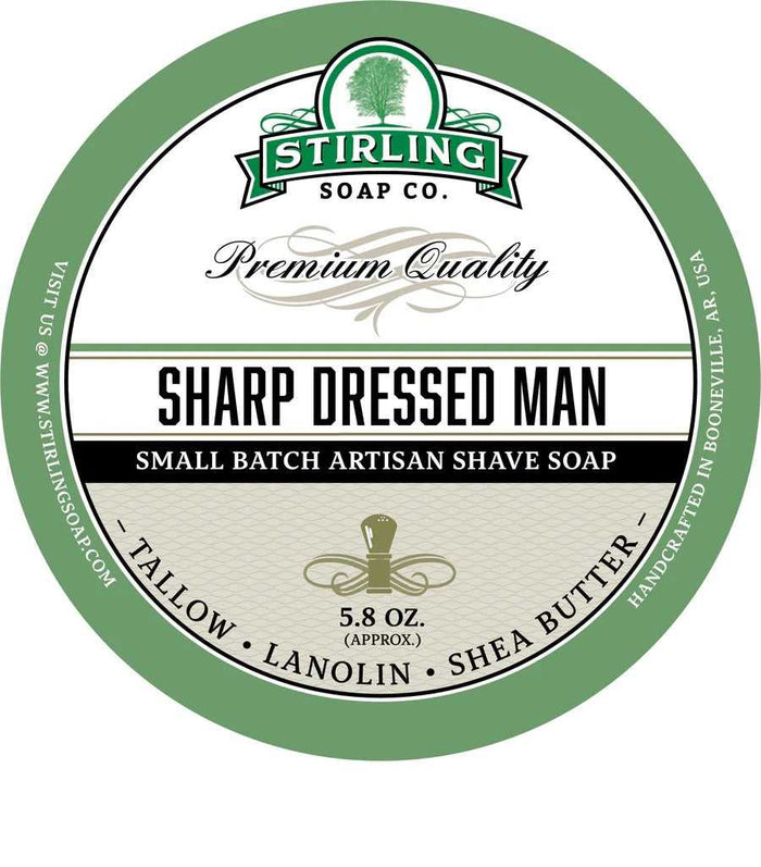 Stirling Soap Co. Sharp Dressed Man shaving soap label with green and white design
