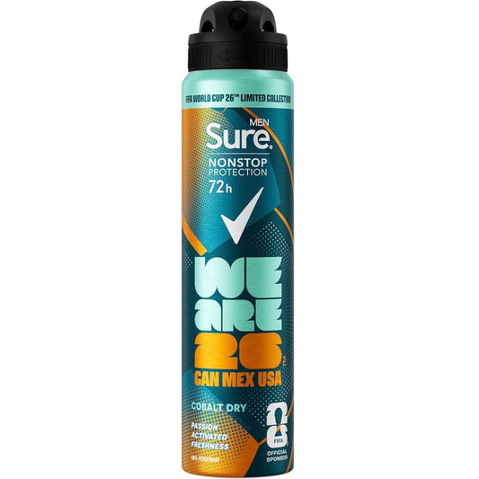Sure Men Non Stop Cobalt Dry Anti-Perspirant Spray FIFA Edition 250ml can, teal and orange design, "We Are 26 CAN MEX USA" text, white background