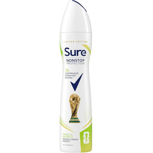 Sure Women NonStop Freesia & Waterlily Anti-Perspirant Spray FIFA Edition, white can, green accents, FIFA World Cup trophy graphic, white background