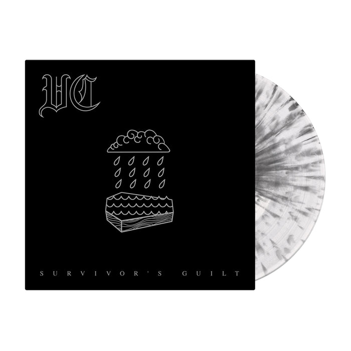 A limited edition black and white marbled vinyl with grey and white splatter, partially in its sleeve. The cover shows HC in gothic font, rain on a coffin, and Vinnie Caruana Survivors Guilt at the bottom. Brand: Vinnie Caruana.