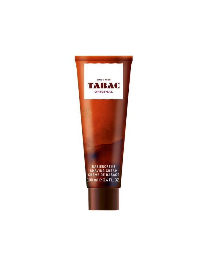 A 100ml squeeze tube of TABAC Original Shaving Cream, featuring a warm brown gradient design with a white label on a plain white background.