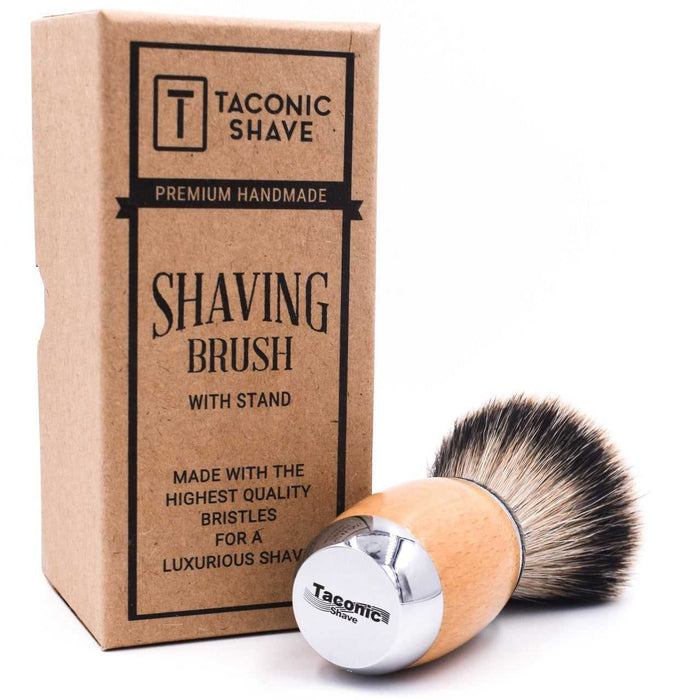 Taconic Shave packaging with beard brush and stand