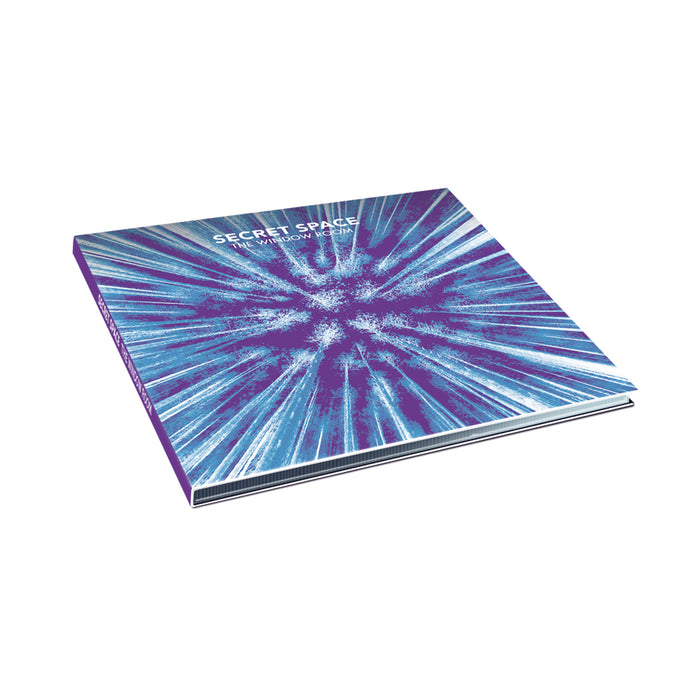 A book titled Secret Space: The Meeting by Secret Space, featuring a blue and purple abstract burst cover design, is angled on a white background and evokes the vibrant style of the Window Room CD track list.