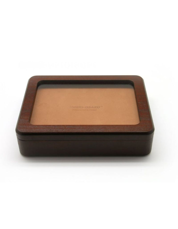 Luxury Thiers Issard beechwood razor box for 7 straight razors with glass lid, dark wood finish, and beige leather display pad, SKU: LUXELM-7-HEME