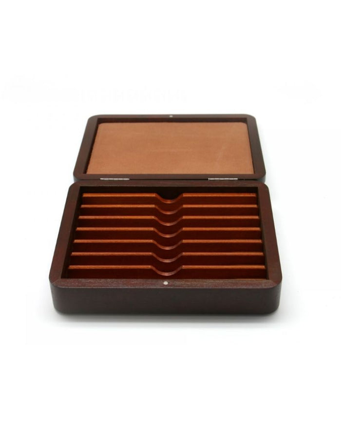 Open dark wood Thiers Issard razor storage case with 7 slots, beige leather pad, and smooth interior, SKU: LUXELM-7-HEME
