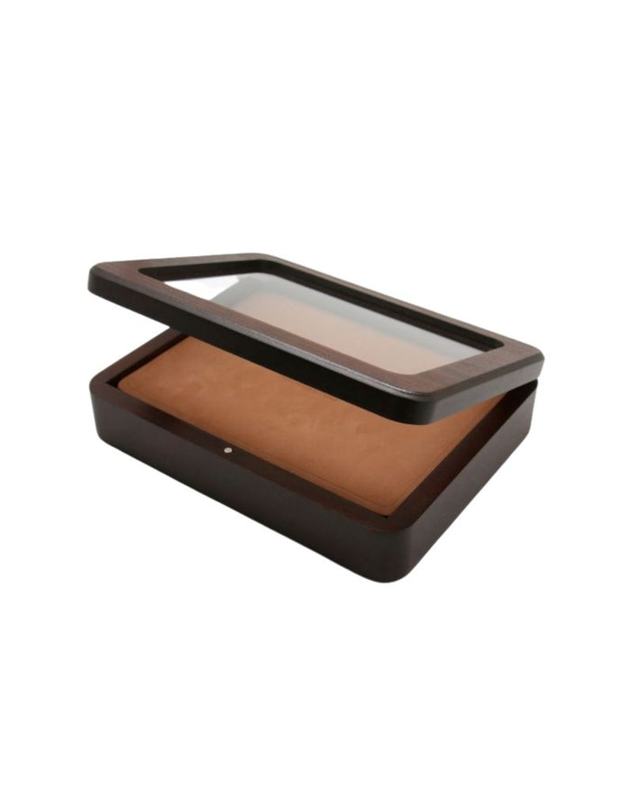 Dark wood Thiers Issard razor box with glass top, hinged lid, and beige interior for premium straight razor storage, SKU: LUXELM-7-HEME