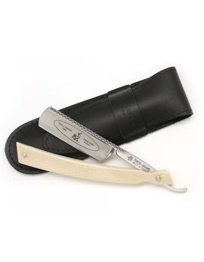 Thiers Issard straight razor with forged carbon steel blade, ivory-colored handle, and black leather sheath for grooming and shaving
