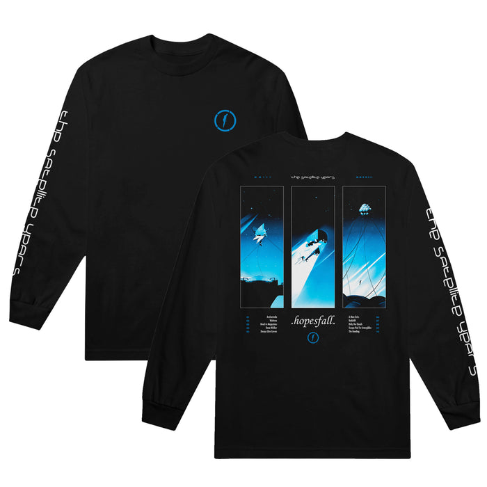 Black Hopesfall Comfort Colors long-sleeve T-shirt with blue and white space graphics on the back, featuring a triptych of astronauts and planets. Front has a small blue logo; satellite years text runs down both sleeves.