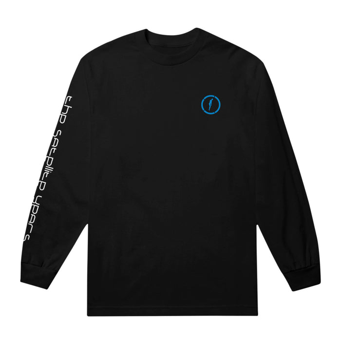 A black Hopesfall Comfort Colors long-sleeve tee with a small blue circular Triptych logo on the left chest and white stylized text down the right sleeve.