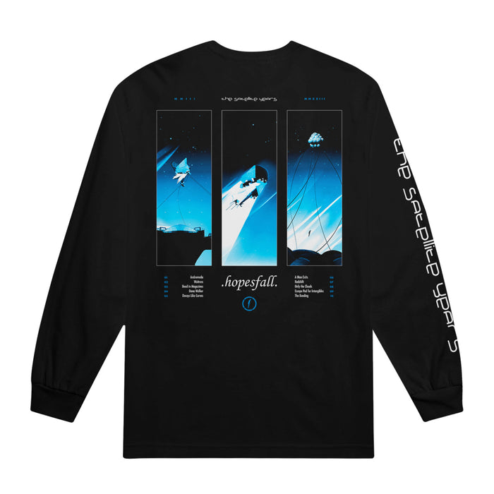Black Hopesfall Comfort Colors long-sleeve tee with three blue-toned triptych satellite graphic panels on the back, hopesfall and the satellite years text, tracklist below, and the satellite years printed on one sleeve.