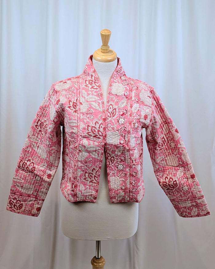 Twinflower Reversible Quilted Kimono Jacket in Pink Floral Block Print - Precious Sparkle