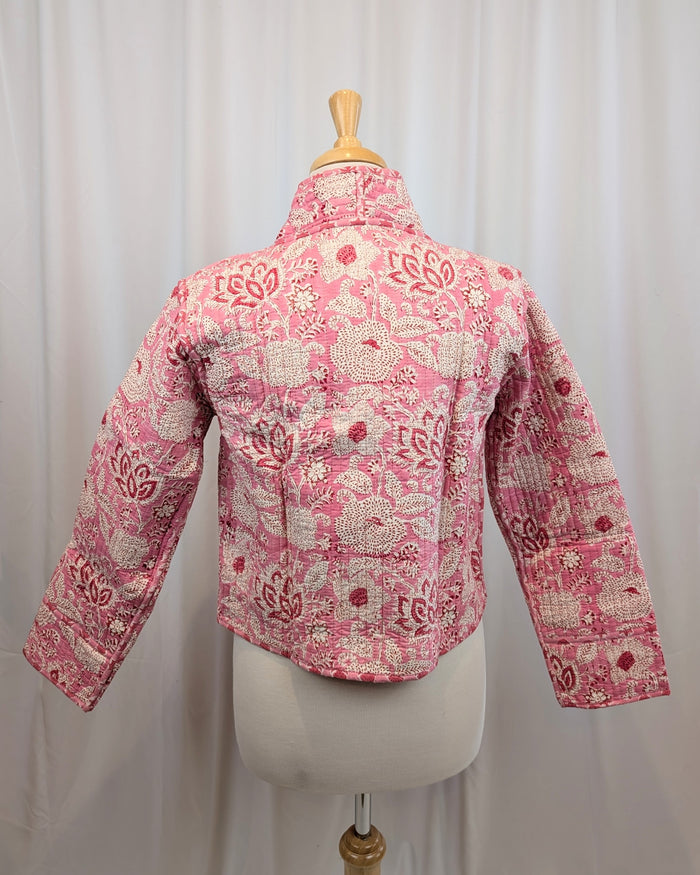 Twinflower Reversible Quilted Kimono Jacket in Pink Floral Block Print - Precious Sparkle