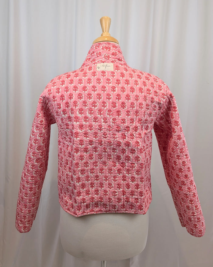 Twinflower Reversible Quilted Kimono Jacket in Pink Floral Block Print - Precious Sparkle