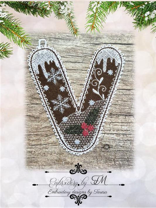 V gingerbread alphabet/5x7 hoop/combination of felt and lace