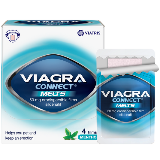 Viagra Connect Melts 50mg orodispersible film box and open strip packet on white background, menthol, 4 films, sildenafil, Viatris