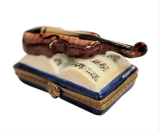 Violin on Book Limoges Box Porcelain Limoges music figurine LIMOGES BOXES book French Trinket Box