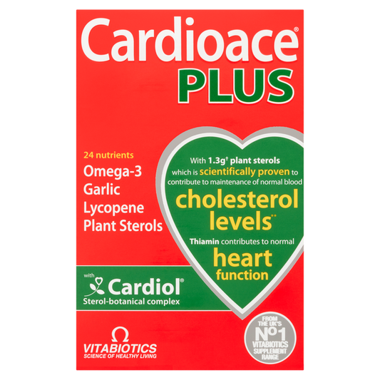 Vitabiotics Cardioace Plus red box with green heart graphic, listing Omega-3, Garlic, Lycopene, Plant Sterols and Cardiol complex