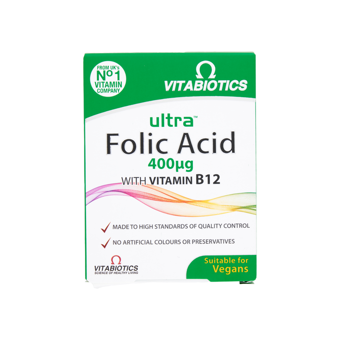 Vitabiotics Ultra Folic Acid 400µg with Vitamin B12 box, green and white packaging, "Suitable for Vegans", white background.