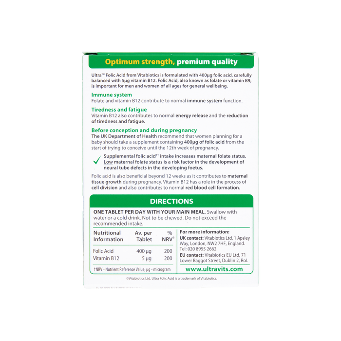 Vitabiotics Ultra Folic Acid 400ug Vitamin B12 box back on white, showing directions, nutritional info and www.ultravits.com