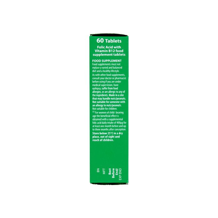 Vitabiotics Ultra Folic Acid 400ug with Vitamin B12 60 Tablets green box side panel on white background
