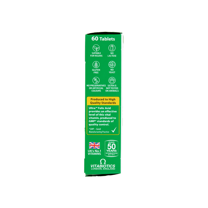 Vitabiotics Ultra Folic Acid 60 Tablets green box side panel showing vegan, gluten-free icons and GMP quality text, white background
