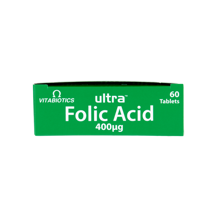 Vitabiotics Ultra Folic Acid 400μg 60 Tablets green box with white text on white background.