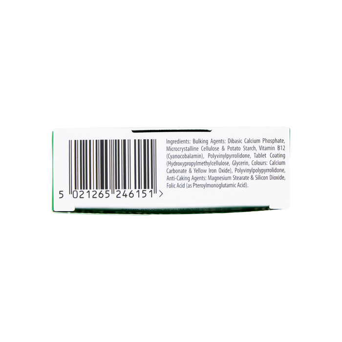 Vitabiotics Ultra Folic Acid 400ug Vitamin B12 box base on white background, showing barcode 5021265246151 and ingredients list.