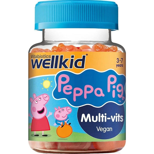 Vitabiotics WellKid Peppa Pig Multi-vits Vegan 3-7 years clear jar with blue lid, orange jellies, white background